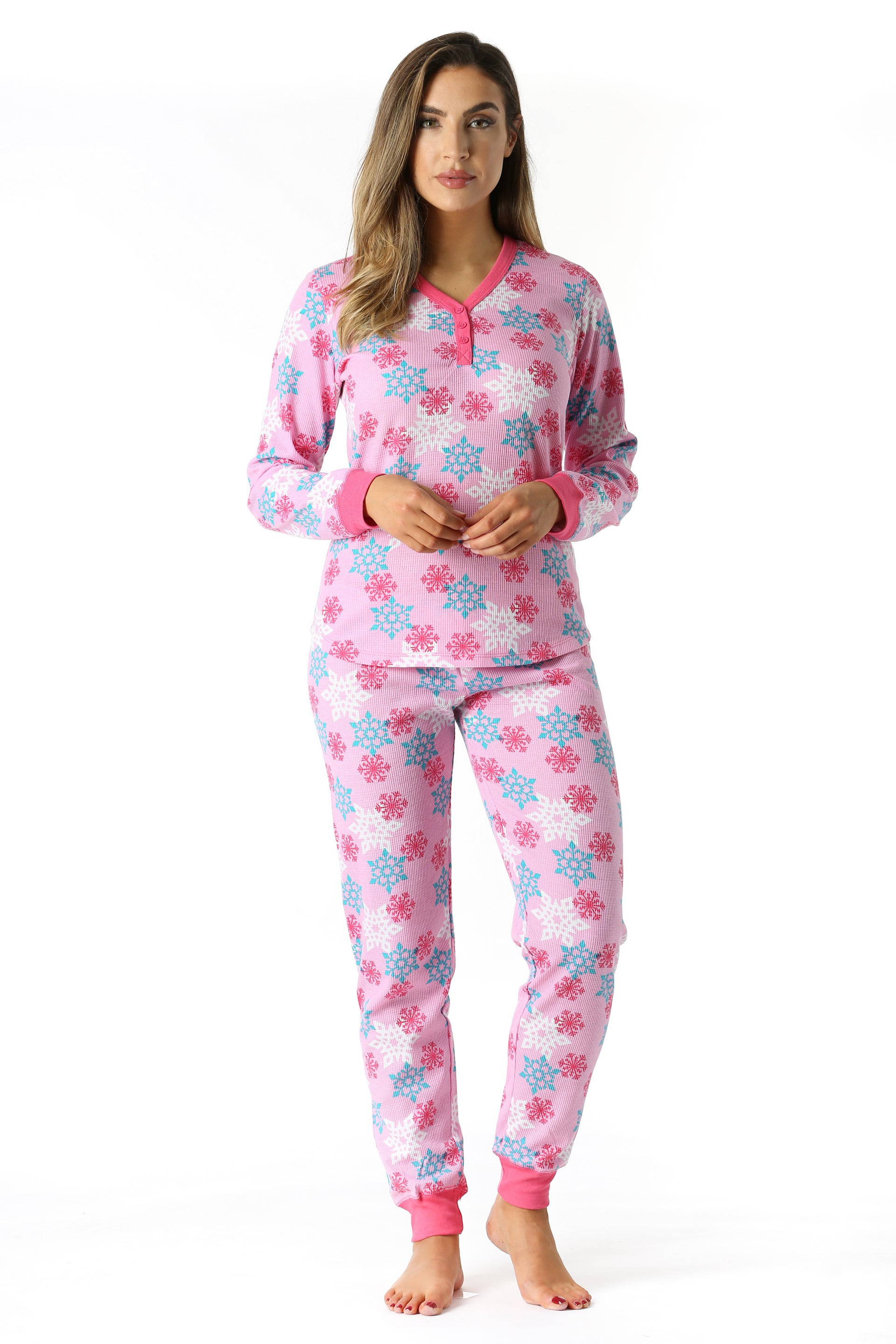 FollowMe Women's Printed Henley Thermal Underwear Set with Jogger Pant  (Pink - Snowflake, Large) 