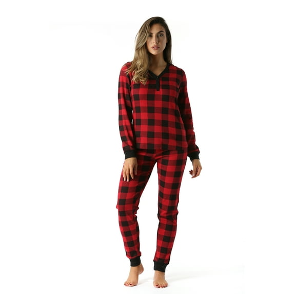 #FollowMe Women's Printed Henley Thermal Underwear Set with Jogger Pant (Red / Black Buffalo Plaid, XX-Large)