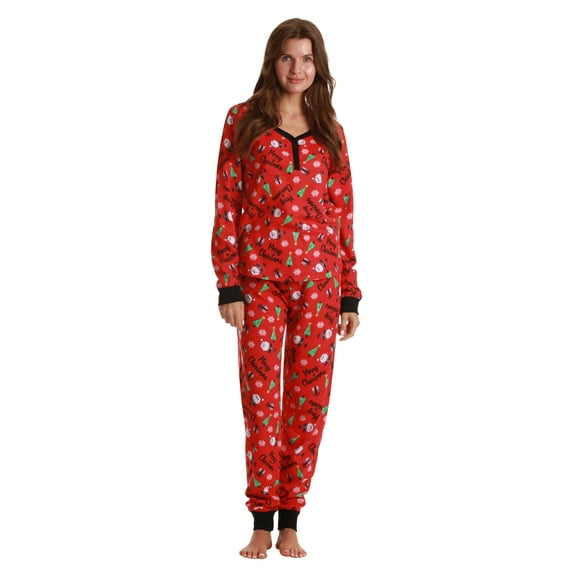 #FollowMe Women's Printed Henley Thermal Underwear Set with Jogger Pant (Red - Christmas, Medium)