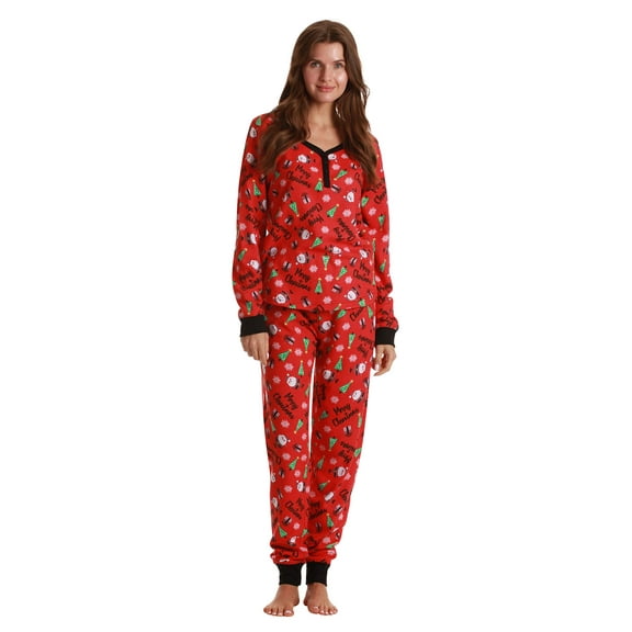 #FollowMe Women's Printed Henley Thermal Underwear Set with Jogger Pant (Red - Christmas, X-Small)