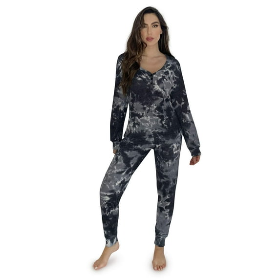 #FollowMe Women's Printed Henley Thermal Underwear Set with Jogger Pant (Tie Dye Black, Small)