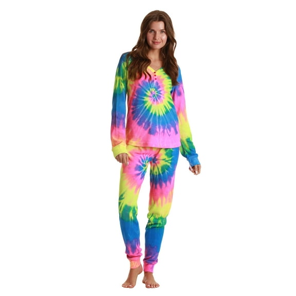 #FollowMe Women's Printed Henley Thermal Underwear Set with Jogger Pant (Tie Dye Neon, Medium)