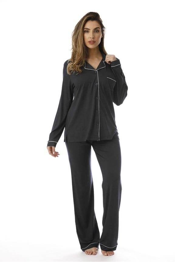 #FollowMe Womens Button-Down Pajama Pant Set with Notch Collar  Elegant & Comfortable Sleepwear (Black / Cream Rayon Spandex, Small)
