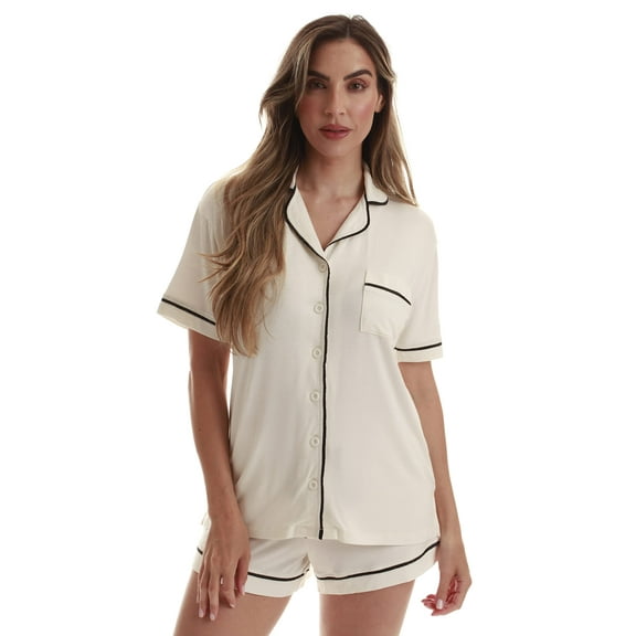 #FollowMe Womens Button-Down Pajama Pant Set with Notch Collar Elegant & Comfortable Sleepwear (Ecru, 3X)