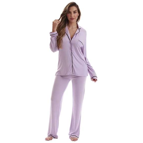 #FollowMe Womens Button-Down Pajama Pant Set with Notch Collar  Elegant & Comfortable Sleepwear (Lilac Rayon Spandex, 3X)