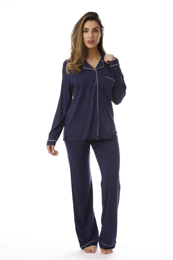 #FollowMe Womens Button-Down Pajama Pant Set with Notch Collar  Elegant & Comfortable Sleepwear (Navy / Cream Rayon Spandex, 3X)
