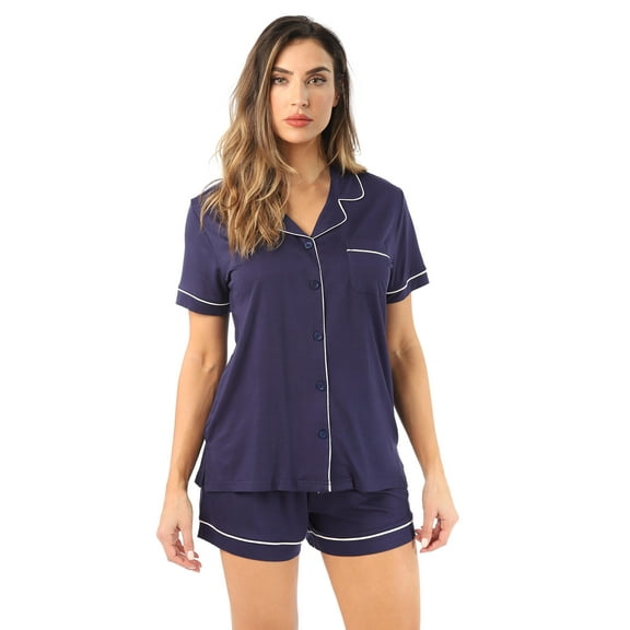#FollowMe Womens Button-Down Pajama Pant Set with Notch Collar  Elegant & Comfortable Sleepwear (Navy / Cream, X-Large)
