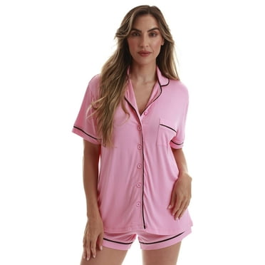 #FollowMe Womens Button-Down Pajama Pant Set with Notch Collar  Elegant & Comfortable Sleepwear (Pink, 3X)