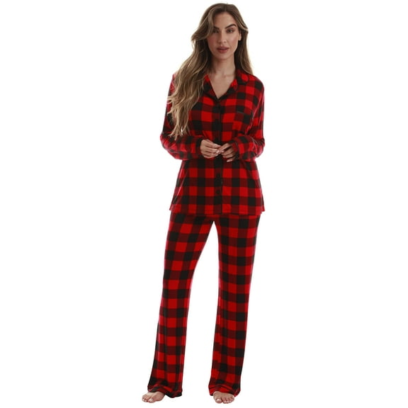 #FollowMe Womens Button-Down Pajama Pant Set with Notch Collar Elegant & Comfortable Sleepwear (Red Buffalo Plaid Rayon Spandex, 3X)
