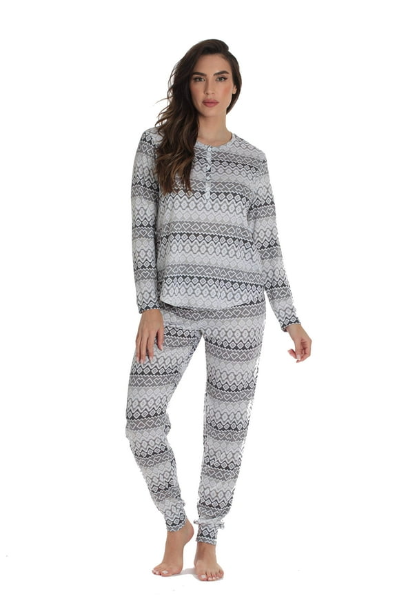 #FollowMe Womens Hacci Pajama Pant Set  Warm, Comfy Sleepwear (Black - Aztec Print, Medium)