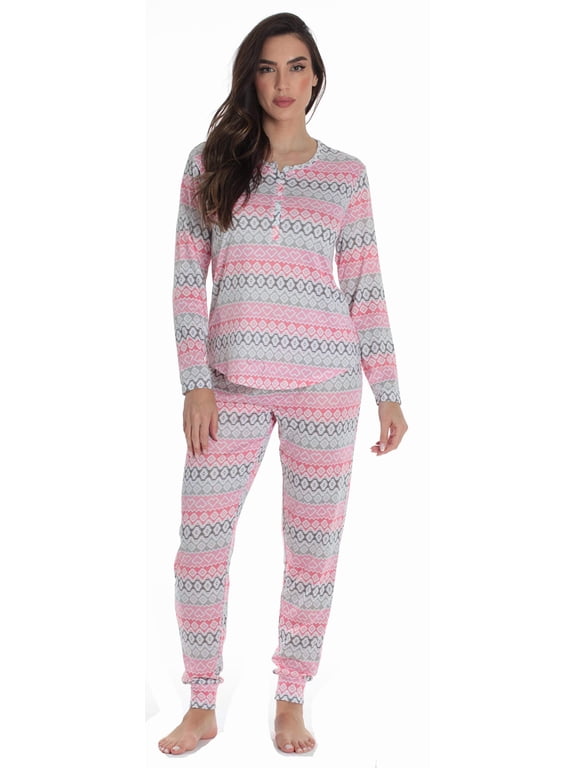 #FollowMe Womens Hacci Pajama Pant Set Warm, Comfy Sleepwear (Coral - Aztec Print, 2X)