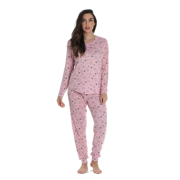 #FollowMe Womens Hacci Pajama Pant Set  Warm, Comfy Sleepwear (Peach - Stars, Small)