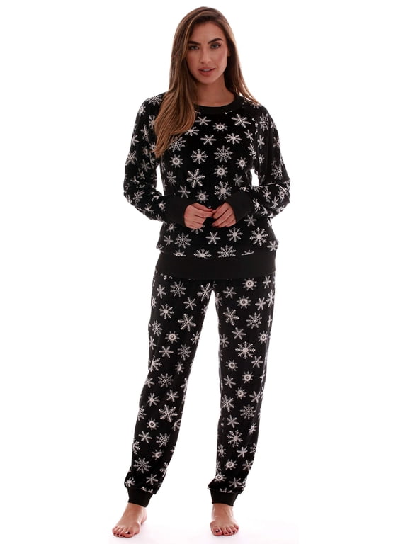 #FollowMe Womens Ultra-Soft Velour Jogger Pajama Set Relaxing & Stylish Sleepwear (Black - Snowflake, X-Large)