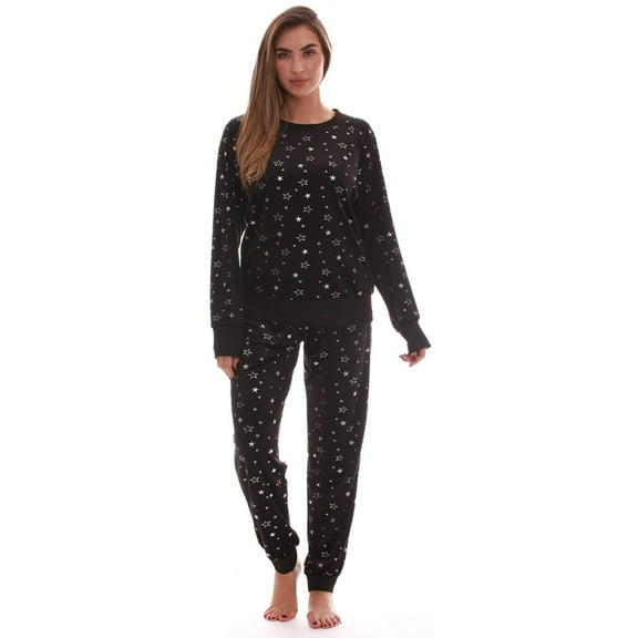 #FollowMe Womens Ultra-Soft Velour Jogger Pajama Set  Relaxing & Stylish Sleepwear (Black - Stars, Medium)