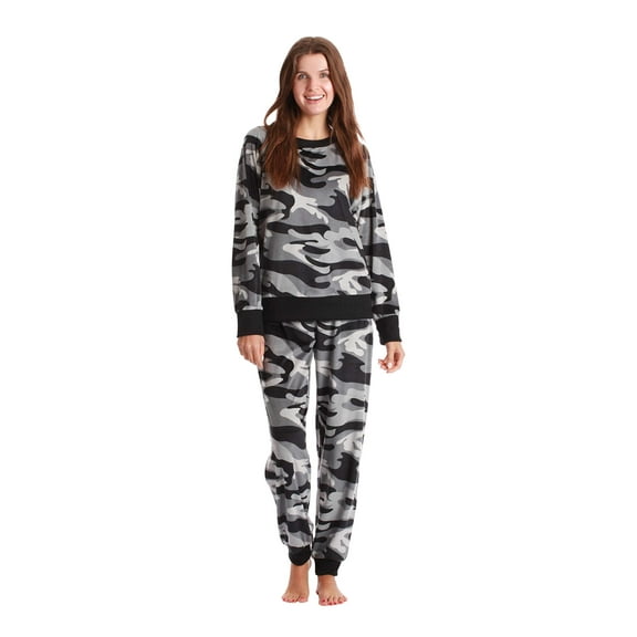 #FollowMe Womens Ultra-Soft Velour Jogger Pajama Set  Relaxing & Stylish Sleepwear (Camouflage Black, Small)