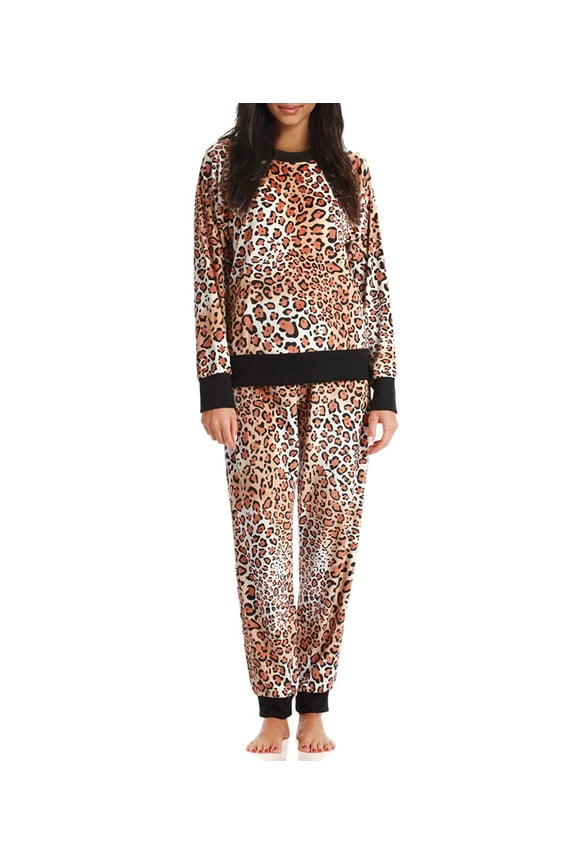 #FollowMe Womens Ultra-Soft Velour Jogger Pajama Set Relaxing & Stylish Sleepwear (Leopard Print, Large)