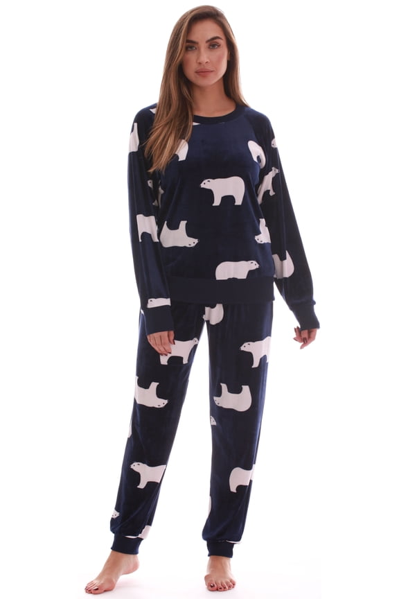 #FollowMe Womens Ultra-Soft Velour Jogger Pajama Set  Relaxing & Stylish Sleepwear (Navy - Polar Bear, Large)