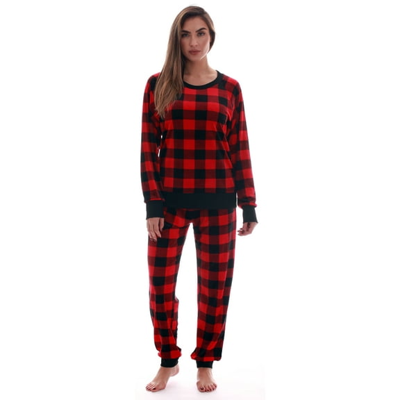 #FollowMe Womens Ultra-Soft Velour Jogger Pajama Set  Relaxing & Stylish Sleepwear (Red Black - Buffalo Plaid, Medium)