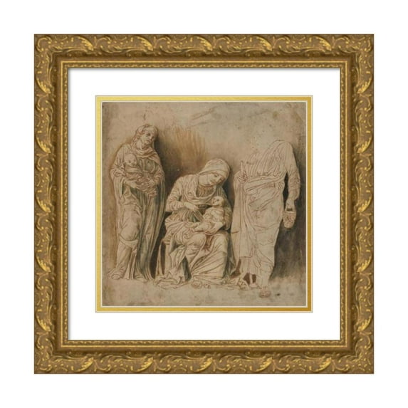 Follower of Andrea Mantegna 12x12 Gold Ornate Wood Frame and Double Matted Museum Art Print Titled - The Holy Family with Saint Elizabeth and the Infant John the Baptist (Early 16th Century)
