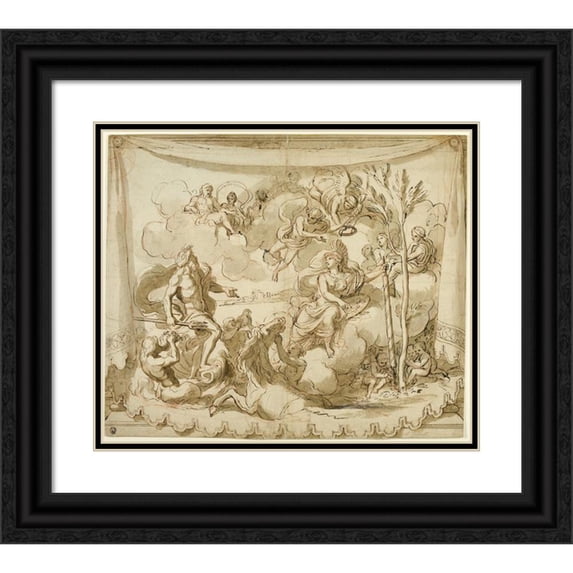 Follower of Charles Le Brun 14x12 Black Ornate Wood Framed Double Matted Museum Art Print Titled: Neptune and Minerva Discussing the Foundation of Athens