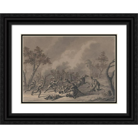Follower of Dirk Langendijk 24x18 Black Ornate Framed Double Matted Museum Art Print Titled: A Battle Between Cavalrymen and Infantry (Early 19th Century)