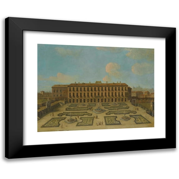 Follower of Francesco Battaglioli 14x12 Black Modern Framed Museum Art Print Titled - View of a Palace, Possibly the Palacio Riofrio in Segovia, with Figures Promenading in the Formal Garden