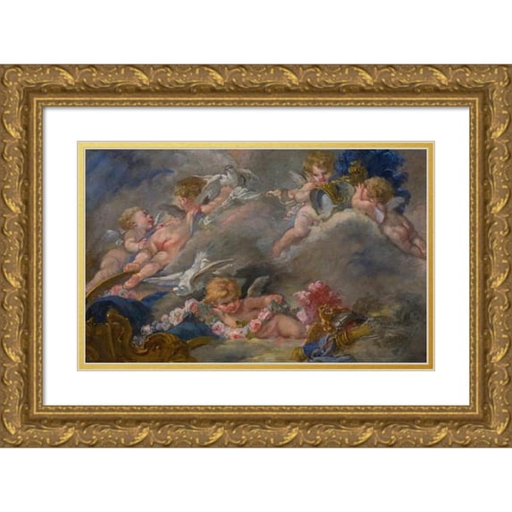 Follower Of François Boucher 14x11 Gold Ornate Wood Frame and Double Matted Museum Art Print Titled - Putti
