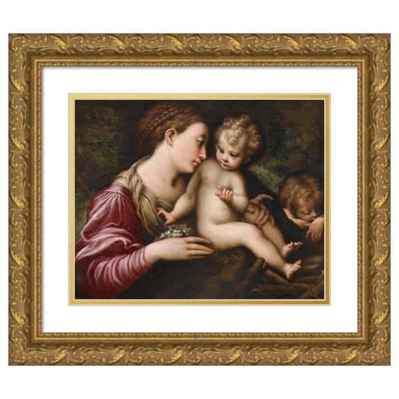 Follower of Parmigianino 14x12 Gold Ornate Wood Frame and Double Matted Museum Art Print Titled - The Madonna and Child with St. John the Baptist Sleeping