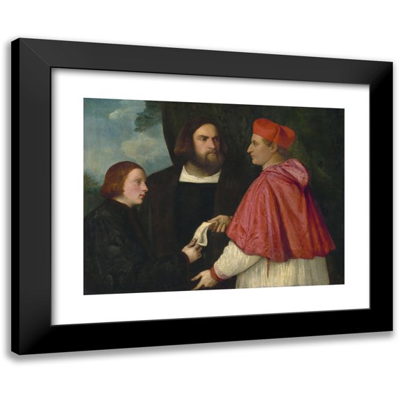 Follower of Titian 14x12 Black Modern Framed Museum Art Print Titled - Girolamo and Cardinal Marco Corner Investing Marco, Abbot of Carrara, with His Benefice (C. 1520-1525)