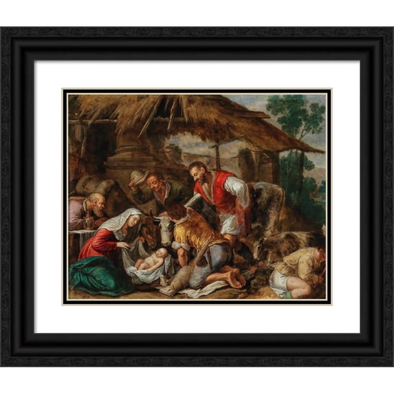 Follower of Jacopo da Ponte 18x15 Black Ornate Wood Framed Double Matted Museum Art Print Titled - The Adoration of the Shepherds