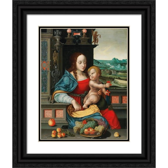 Follower of Joos van Cleve 12x14 Black Ornate Wood Framed Double Matted Museum Art Print Titled: The Madonna of the Cherries