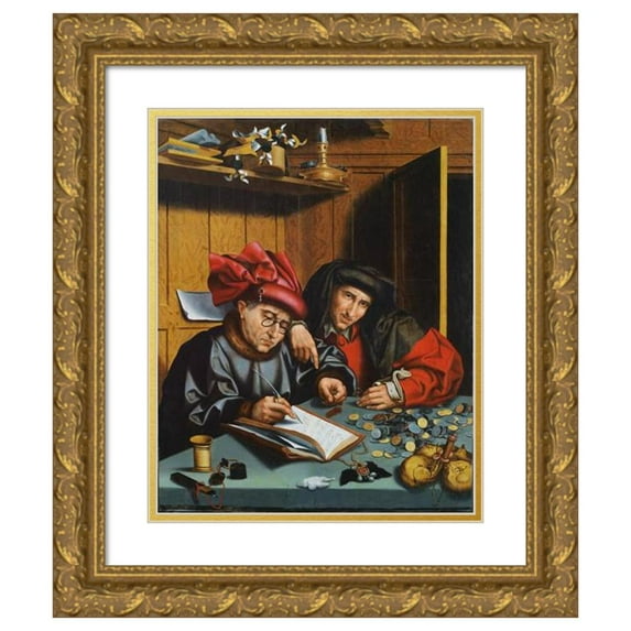 Follower of Marinus van Reymerswaele 15x18 Gold Ornate Wood Frame and Double Matted Museum Art Print Titled - The Money Changers (1548)