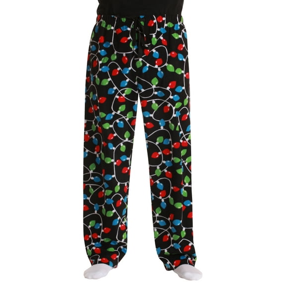 #followme Microfleece Mens Buffalo Plaid Pajama Pants with Pockets (Black - Christmas Lights, Large)