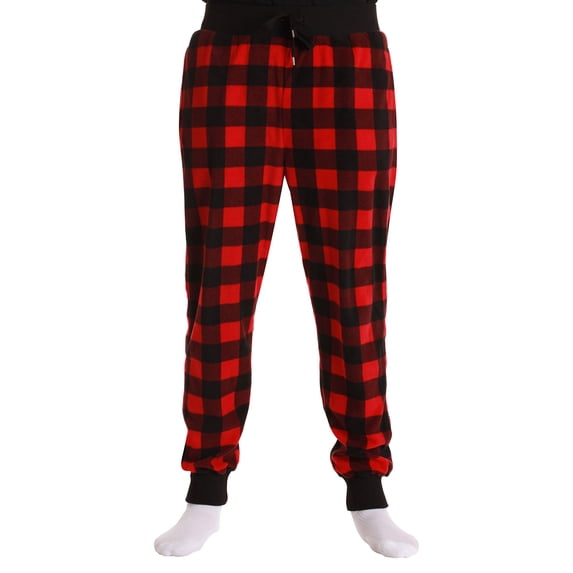#followMe Men's Microfleece Buffalo Plaid Pajama Pants with Pockets: Comfortable Joggers (Red and Black Buffalo Plaid Jogger, Large)