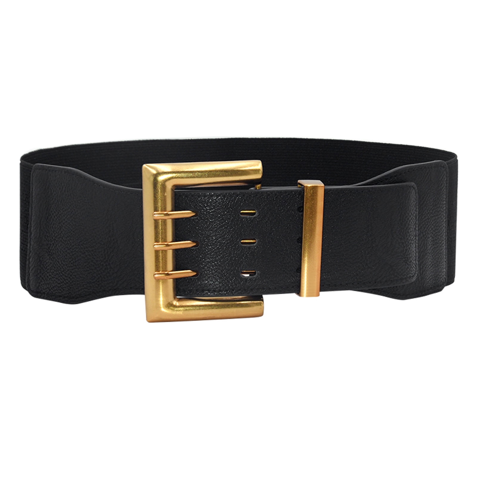 Women's Real Leather Waist Belt Elastic Wide Waistband Gold Double