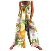 Follure Casual Jumpsuits Romper for Women Boho Print Pocket Long Playsuit Strap Overalls