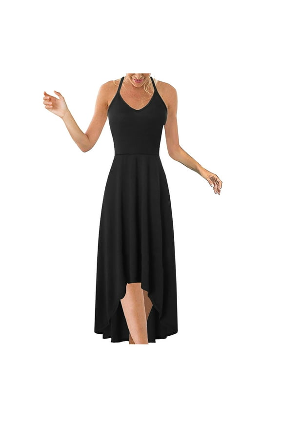 Follure Clothing Women's V Neck Sleeveless Casual Summer Loose Asymmetrical Solid Color Halter Maxi Dresses