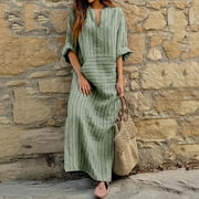 Follure Dresses For Women Short Sleeve V-Neck New Summer Cotton And Linen Yarn Dyed Striped Loose Long Dress