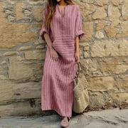 FOLLURE CLOTHING Follure Dresses For Women Short Sleeve V-Neck New Summer Cotton And Linen Yarn Dyed Striped Loose Long Dress