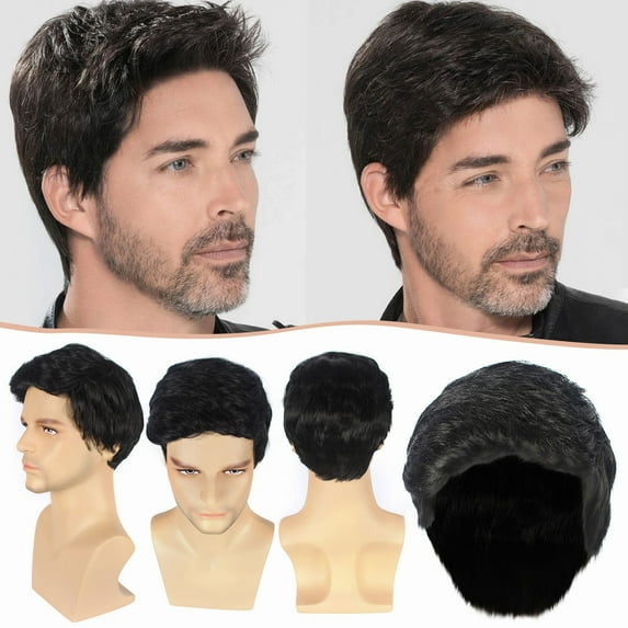 Follure Fashion Men's Short Wig, Men's Black Wig, Bangs Short Curly Wig