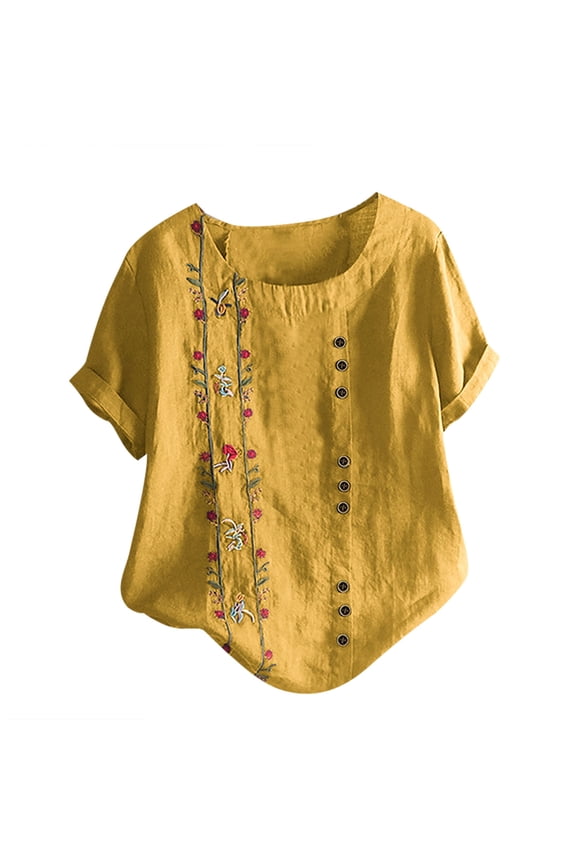 Short Sleeve Casual Tops for Women Lavender Flowers Printed Cotton And Linen Loose Shirts Top Tee Shirts