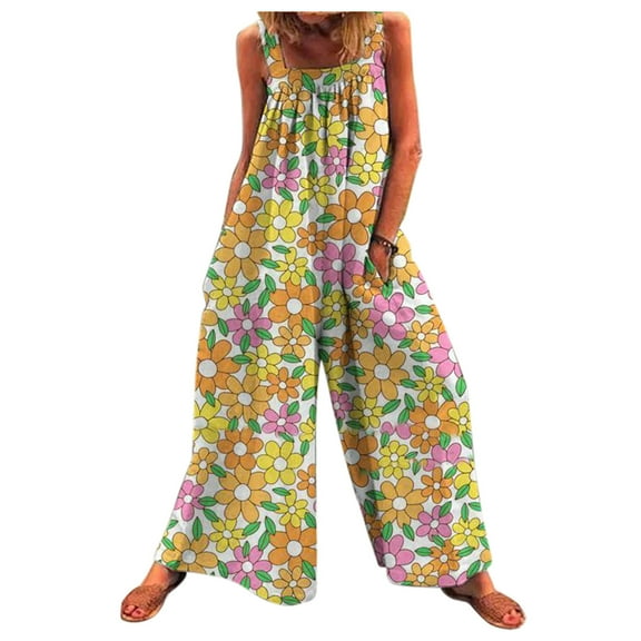 Women Summer Wide Leg Floral Print Jumpsuit Casual Baggy Overalls Suspender Rompers with Pockets