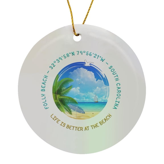3drose, Folly Beach, Folly Island, Charleston County, South Carolina Gift, Circle Porcelain Ornament