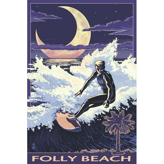 Folly Beach, South Carolina, Surfer with Palmetto Moon (16x24 Giclee Gallery Art Print, Vivid Textured Wall Decor)