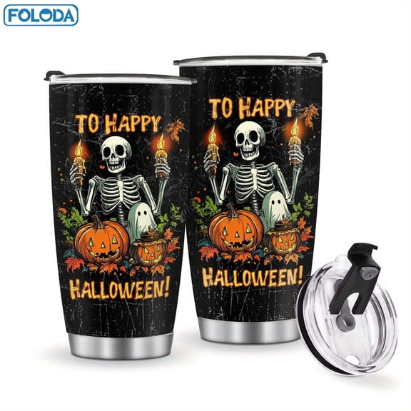 Foloda 1PC Pumpkin Skull 20oz Insulated Mug (with Lid), Durable Stainless Steel Coffee Cup, Travel Mug for Office Use, Women Men Friends, Halloween Brithday Valentine's Day Cup Gift