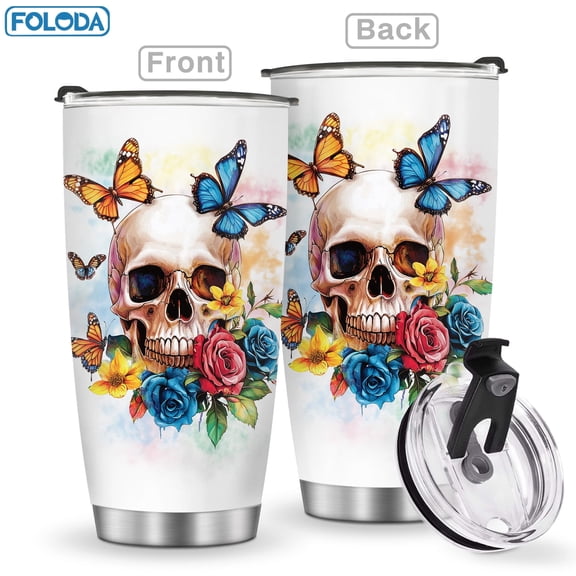 Foloda 1PC Skull 20oz Insulated Mug with Lid Stainless Steel Coffee Cup Travel Mug To-Go Cup Perfect Gift for Women men, Skull Present for Halloween, Valentine's Day, Thanksgiving, Day of the Dead