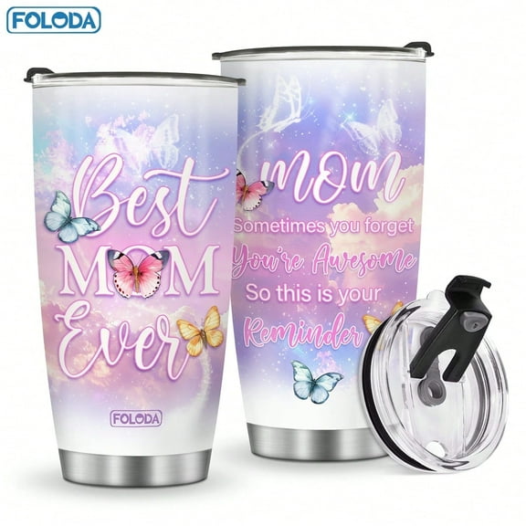 Foloda 1pc Mom Ever Tumbler - Butterfly Mom Tumbler - Mom Tumbler -Mother's Day Gift- Mommy To Go Cup - Christmas Gift for Mom - Vacuum Insulated Coffee Tumbler Inspirational Cup 20oz