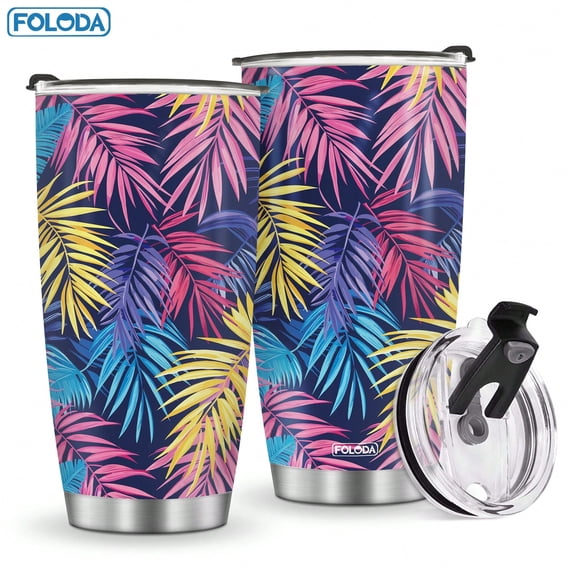 Foloda 1pc Tropical Print Palm Leaves Insulated Stainless Steel Tumbler Christmas Birthday  Gifts For Women Men, Tropical Palm Tree Themed Water Bottle, Travel Mug for Summer Vacation, Adventure Gift