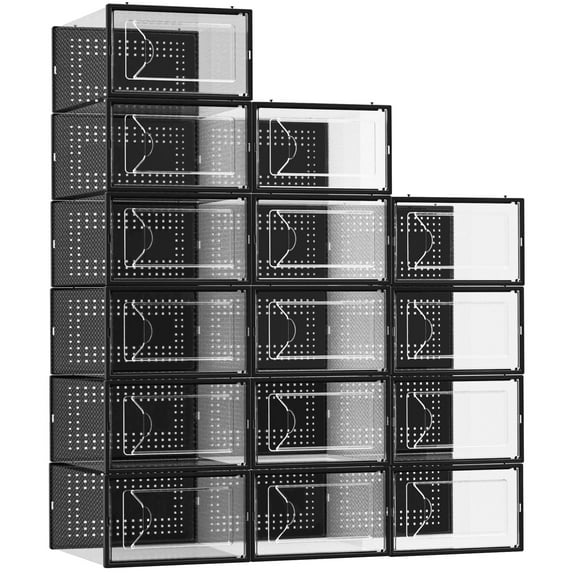 Foluck 15 Pack Shoe Storage Box, Clear Plastic Stackable Shoe Organizer for Closet, Shoe Container Bins for Sneakers, Foldable Shoe Rack with Lids, Black