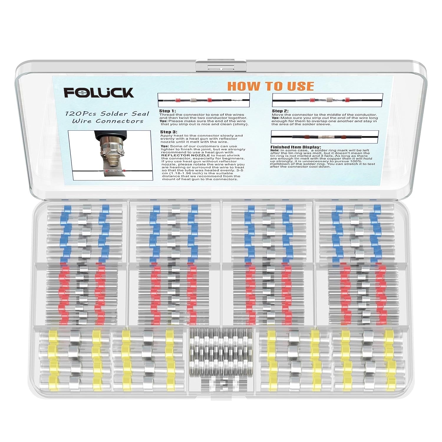 Foluck Heat Shrink Solder Seal Wire Connectors Kit 120PCS, Waterproof Butt Connector Heat Shrink Electrical Terminals, Insulated Solderless Wiring Splice Connectors for Marine Automotive Boat Truck